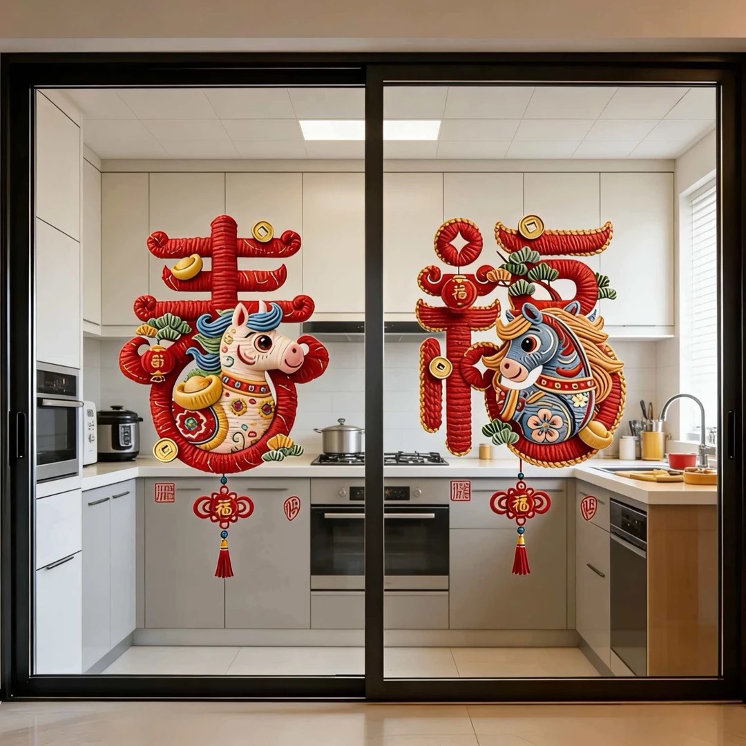 新年窗花2026马年新款静电贴贴画厨房玻璃门贴纸挂饰春节过年装饰