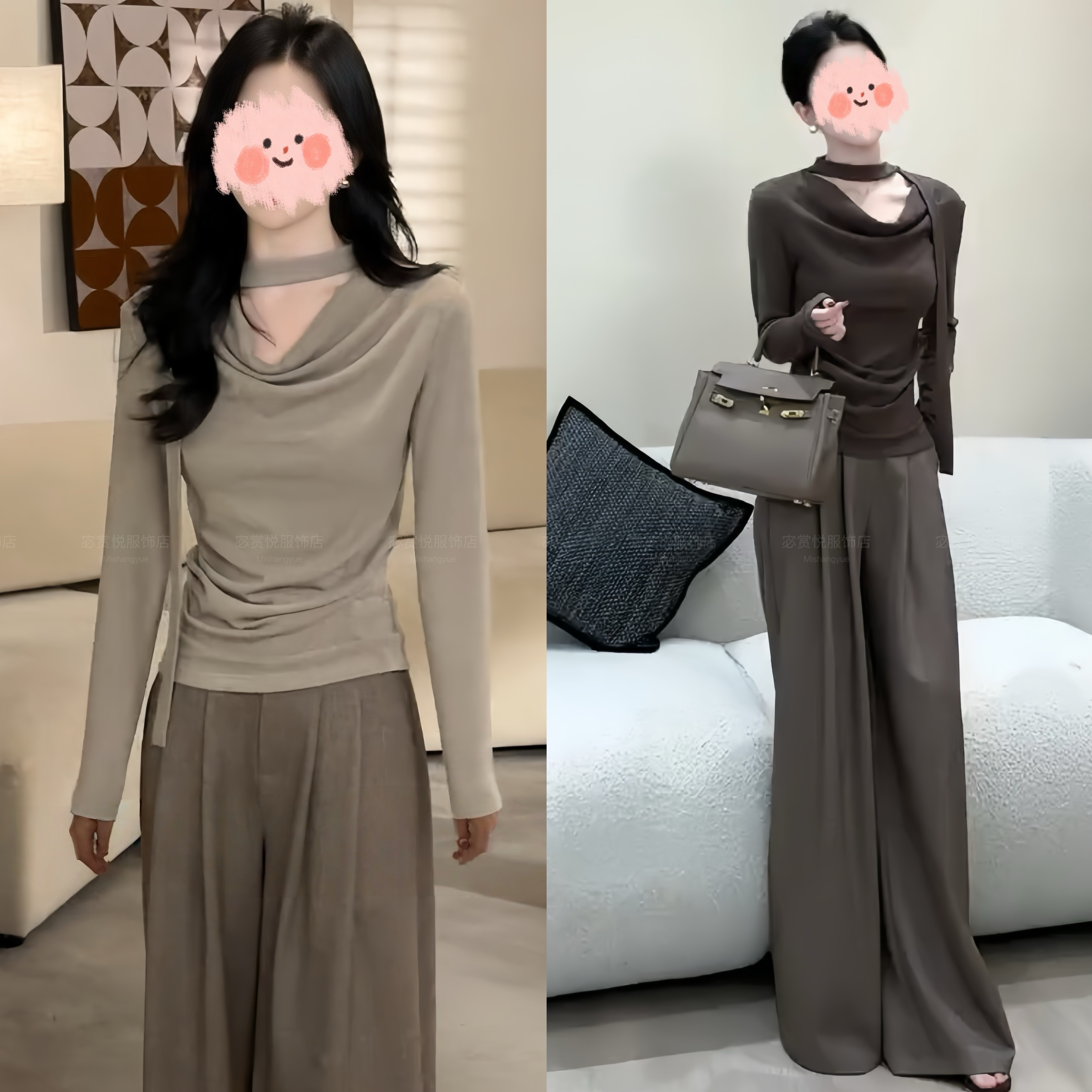 2025秋冬新款设计感荡领飘带长袖打底衫上衣垂感百搭阔腿裤套装女