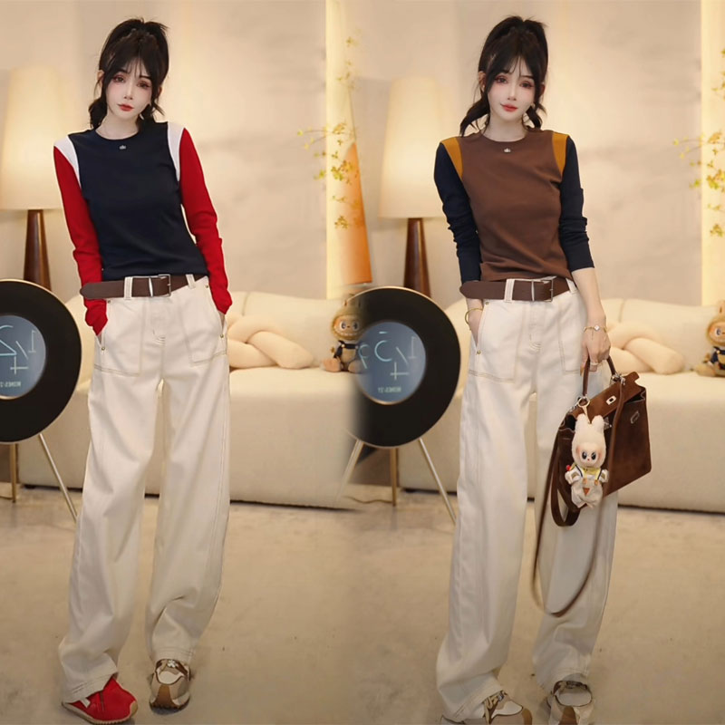2025秋季时尚拼色设计圆领长袖t恤高腰休闲裤子显瘦网红穿搭套装
