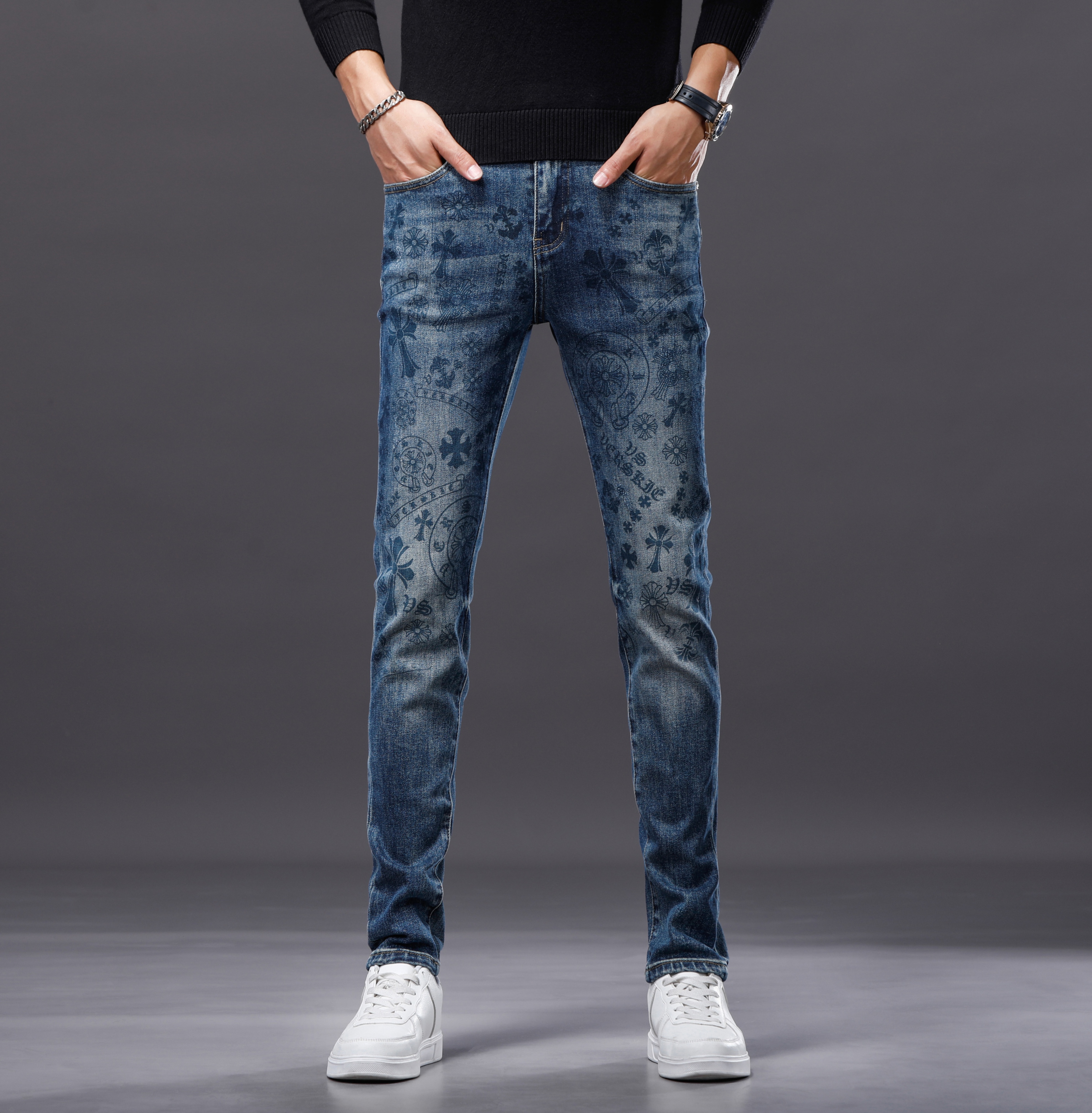 高端秋冬新款高定牛仔裤男欧货修身小脚裤厚款裤子休闲时尚显高in