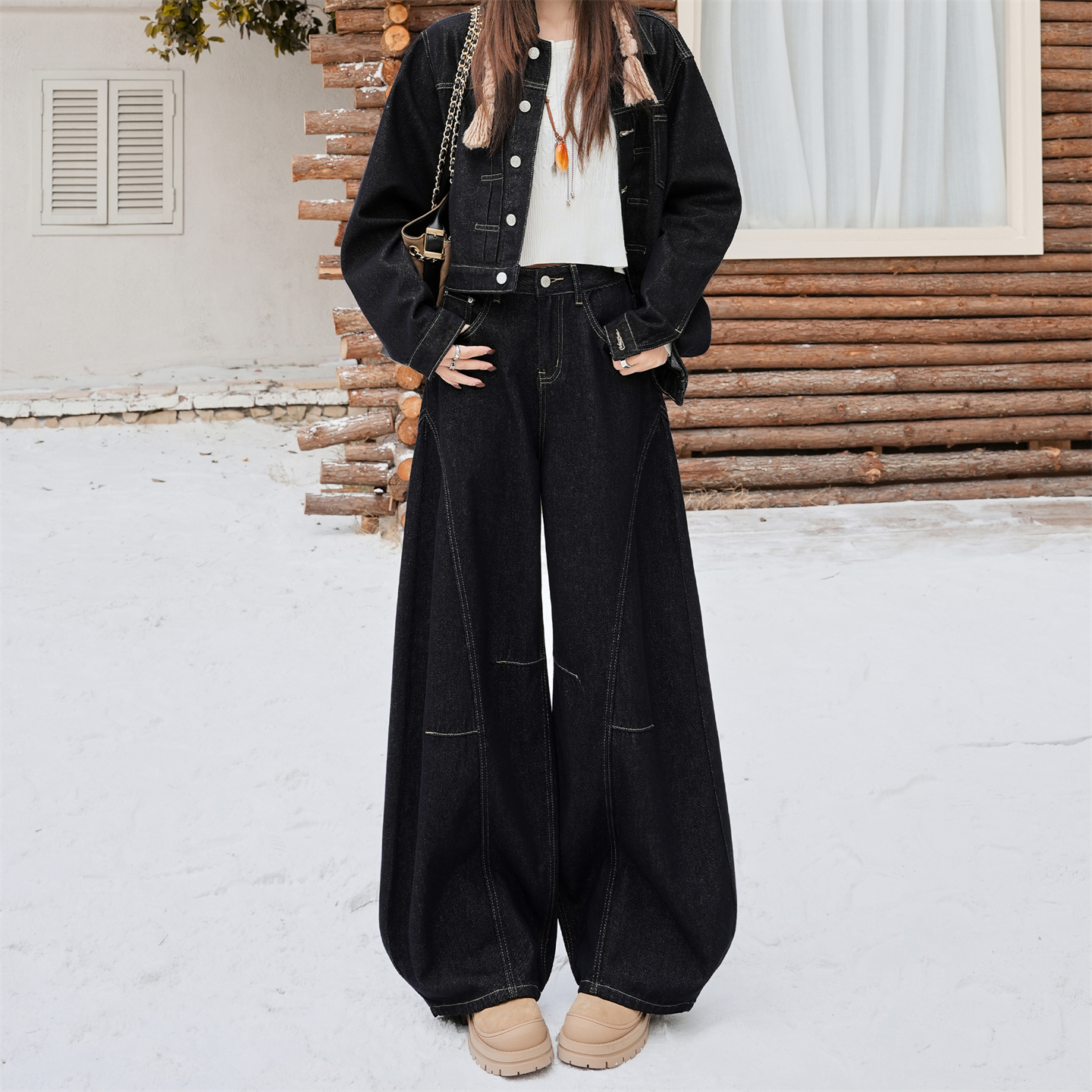 深蓝色弯刀牛仔裤女2025秋冬新款显瘦宽松设计感镰刀阔腿裤子套装