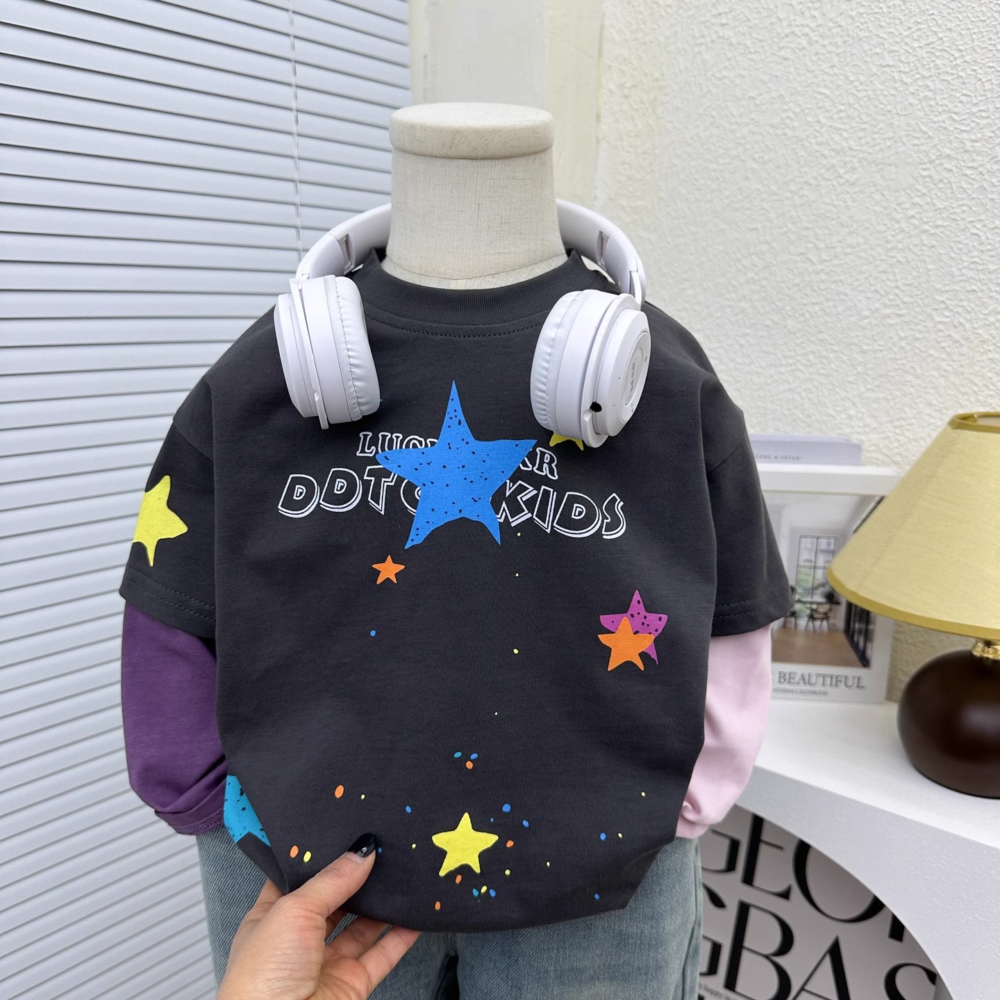 儿童纯棉假两件长袖T恤春秋季新款男童洋气休闲上衣英文百搭t上衣