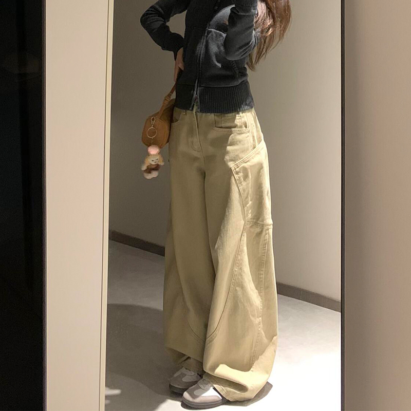 卡其色设计感百搭弯刀牛仔裤女秋季新款复古廓形大口袋拖地阔腿裤