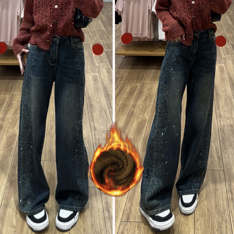 加绒保暖重工烫钻牛仔裤女秋冬设计感烧花工艺弹力显瘦窄版直筒裤