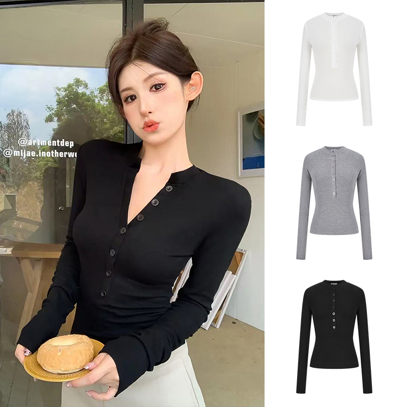 Moses Queen/魔西女王美式辣妹半开领T恤长袖正肩紧身内搭打底衫