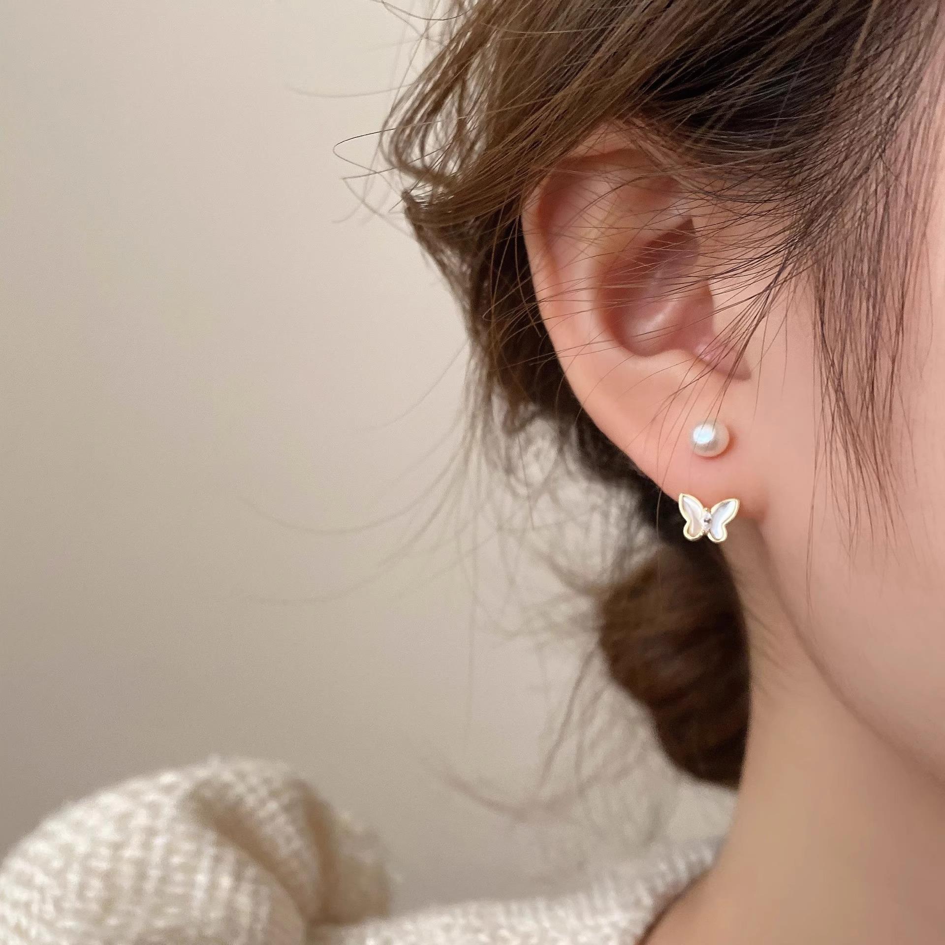 OLOIU 925银仿珍珠耳饰 一款两戴蝴蝶珍珠耳钉轻奢小众设计感耳饰
