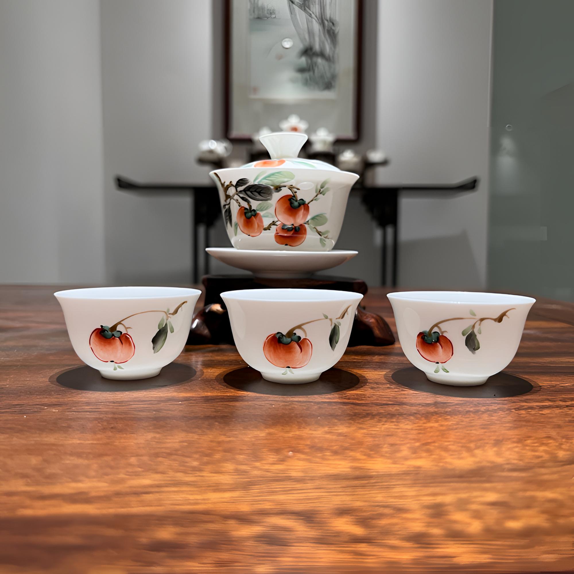 手绘骨瓷柿柿如意茶具盖碗杯子公道杯中式轻奢家用礼品茶器茶杯