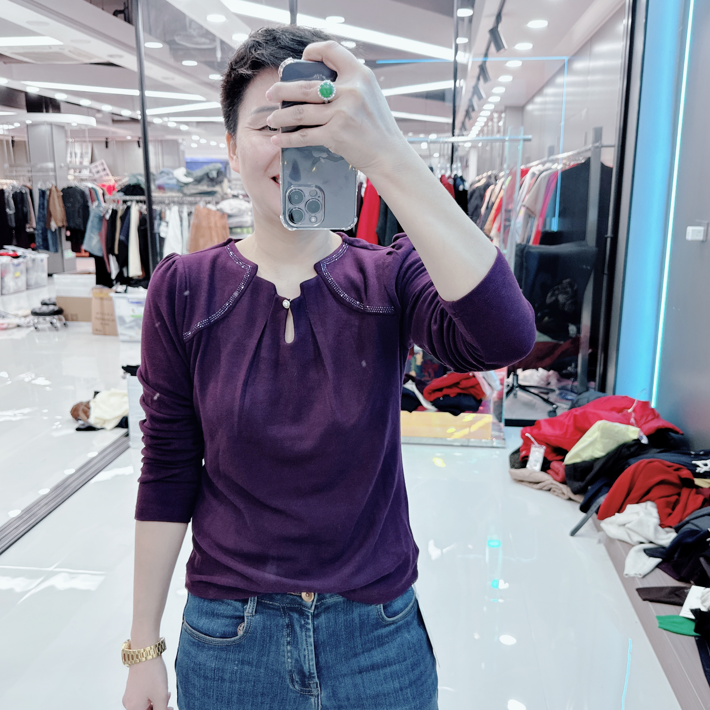 得绒时尚款4色特色领口烫钻上衣9533欧美