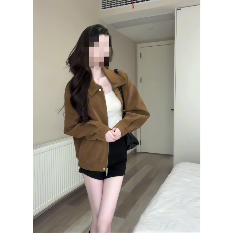 时尚复古休闲穿搭宽松百搭棕色翻领短款外套高腰修身显瘦短裤套装