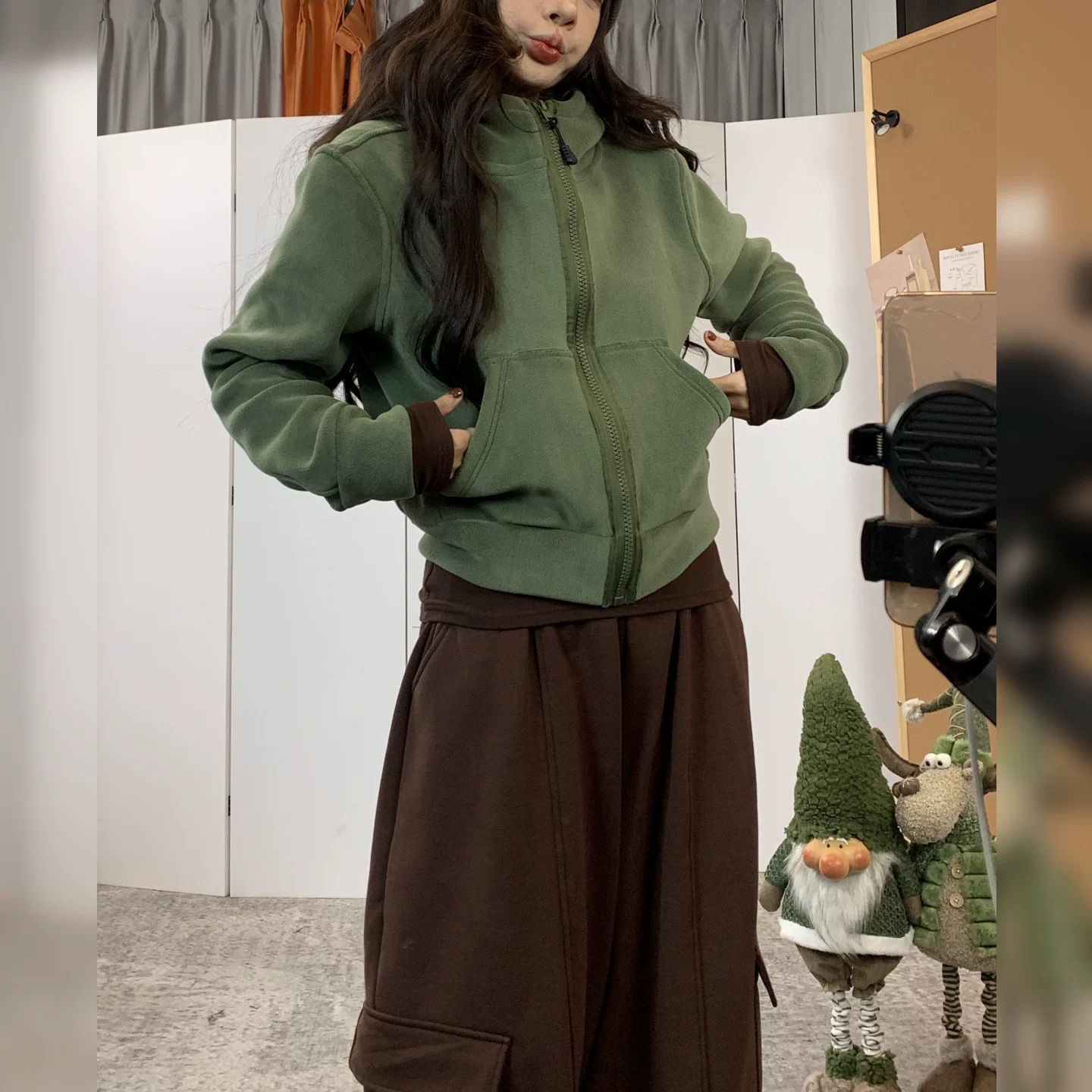 加绒加厚双面奥粒绒连帽外套女宽松休闲百搭秋冬保暖开衫上衣