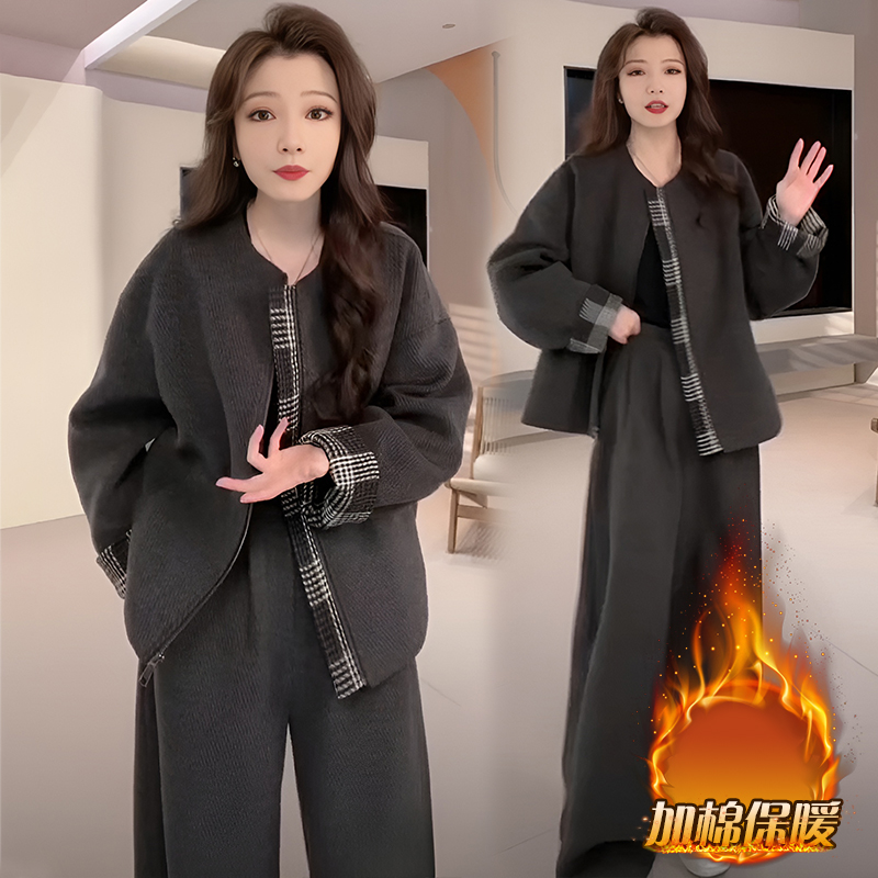 毛呢时尚套装女秋冬高级感宽松显瘦加棉保复古夏时尚显瘦短款套装