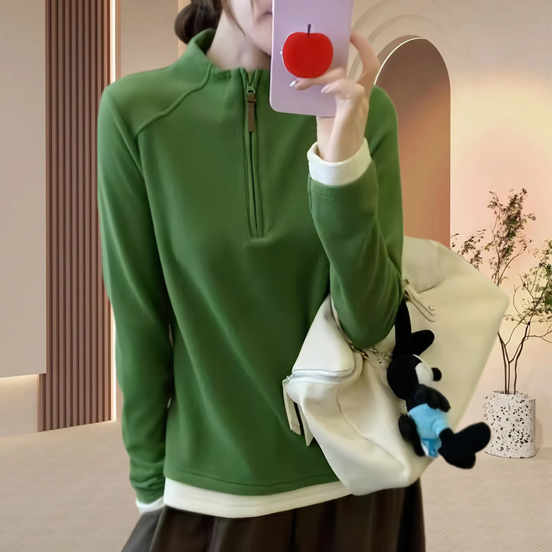 半拉链长袖T恤打底衫女2025早秋新款百搭休闲打底衫软糯打底上衣