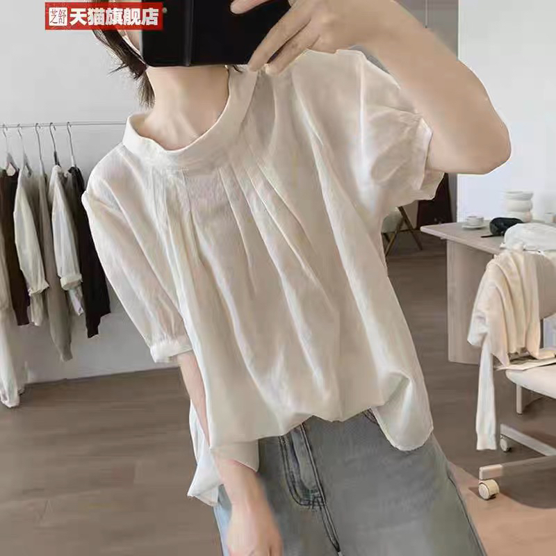 夏季新款圆领套头小众设计拼接纯色显瘦短袖衬衫宽松遮肉打底上衣