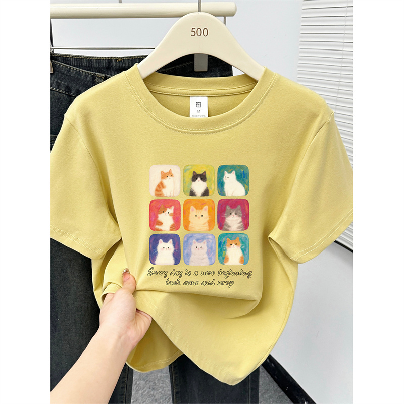 大码女装胖MM猫咪印花正肩短袖T恤爆款2025夏季休闲圆领半袖上衣