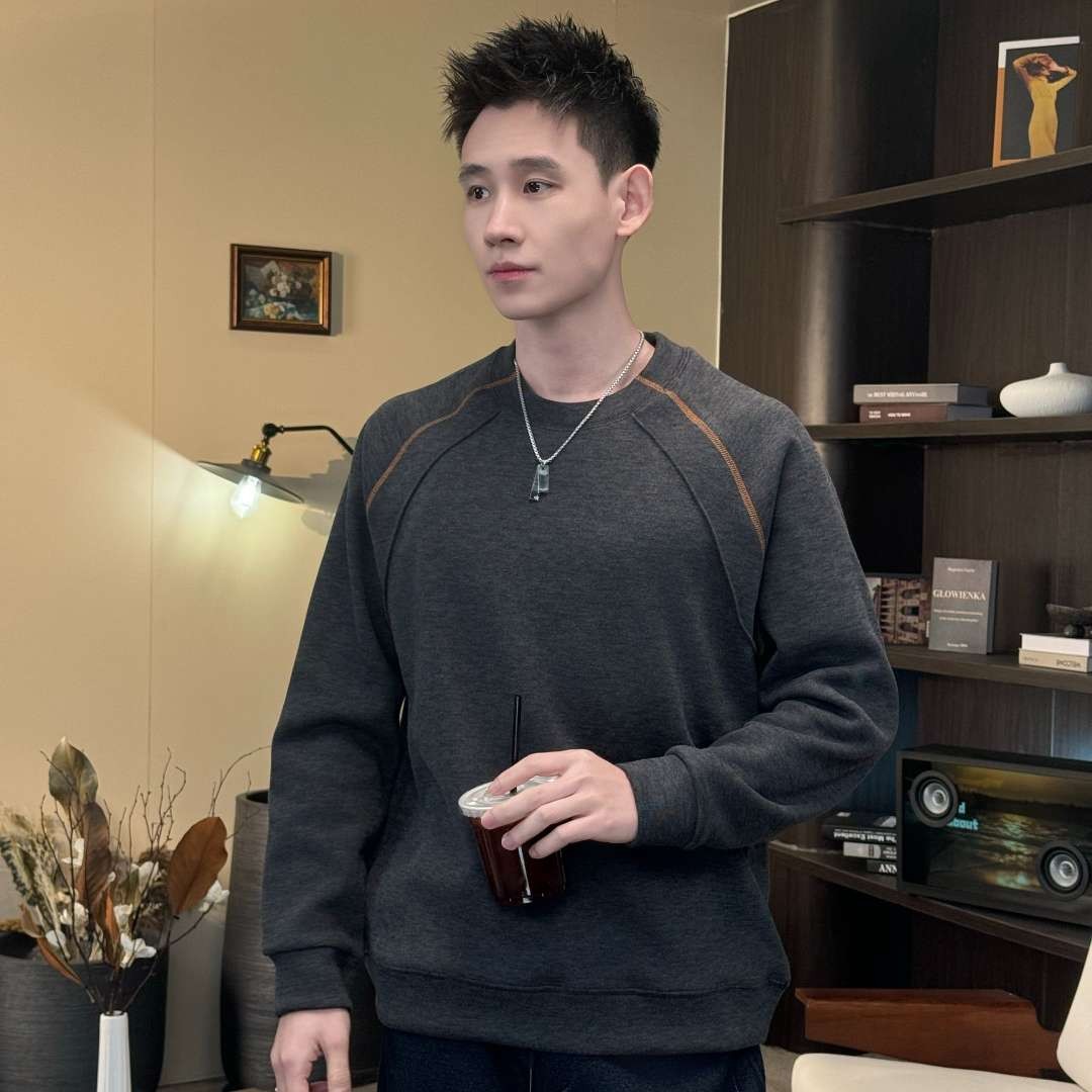 冬季雪峰绒设计师买手新款哈苏线百搭圆领男卫衣休闲男