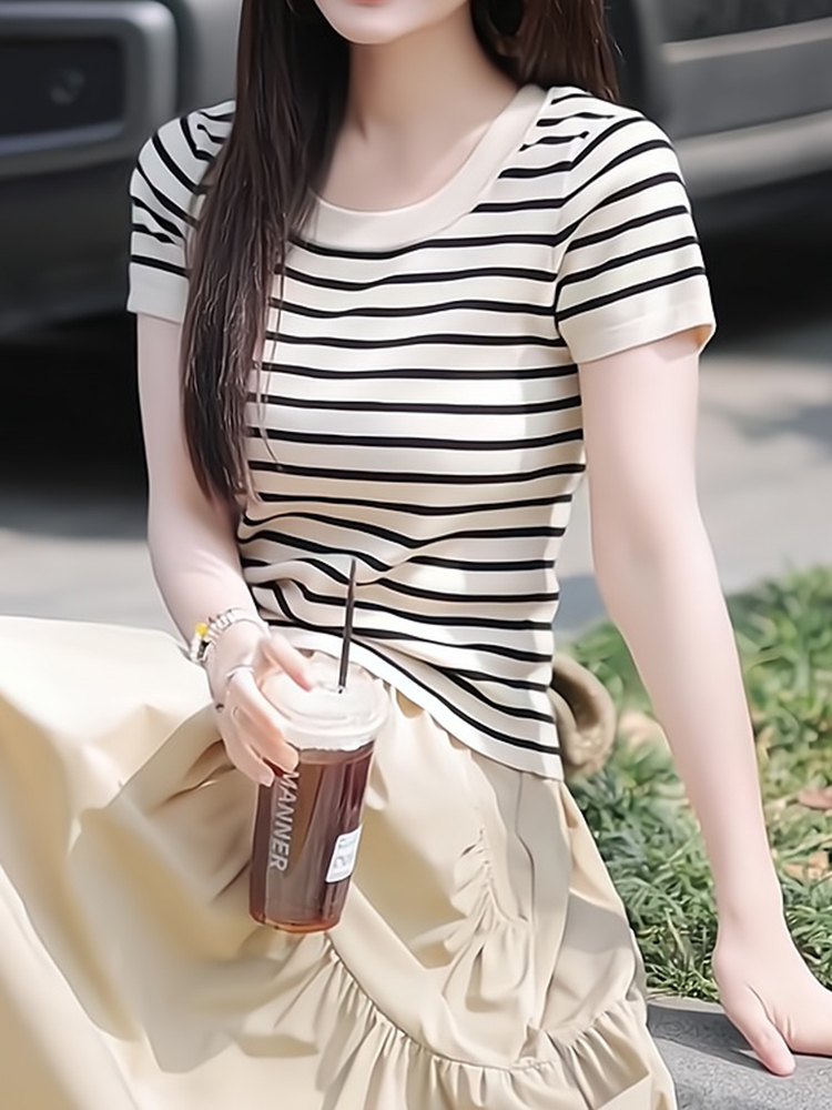 韩系条纹冰丝针织短袖t恤女2025夏季新款洋气小个子修身显瘦上衣