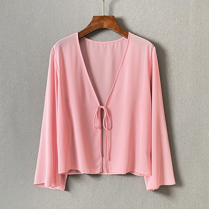 薄如蝉翼~夏日时尚乔其纱防晒衫衬衫宽松V领绑带柔软透气长袖上衣