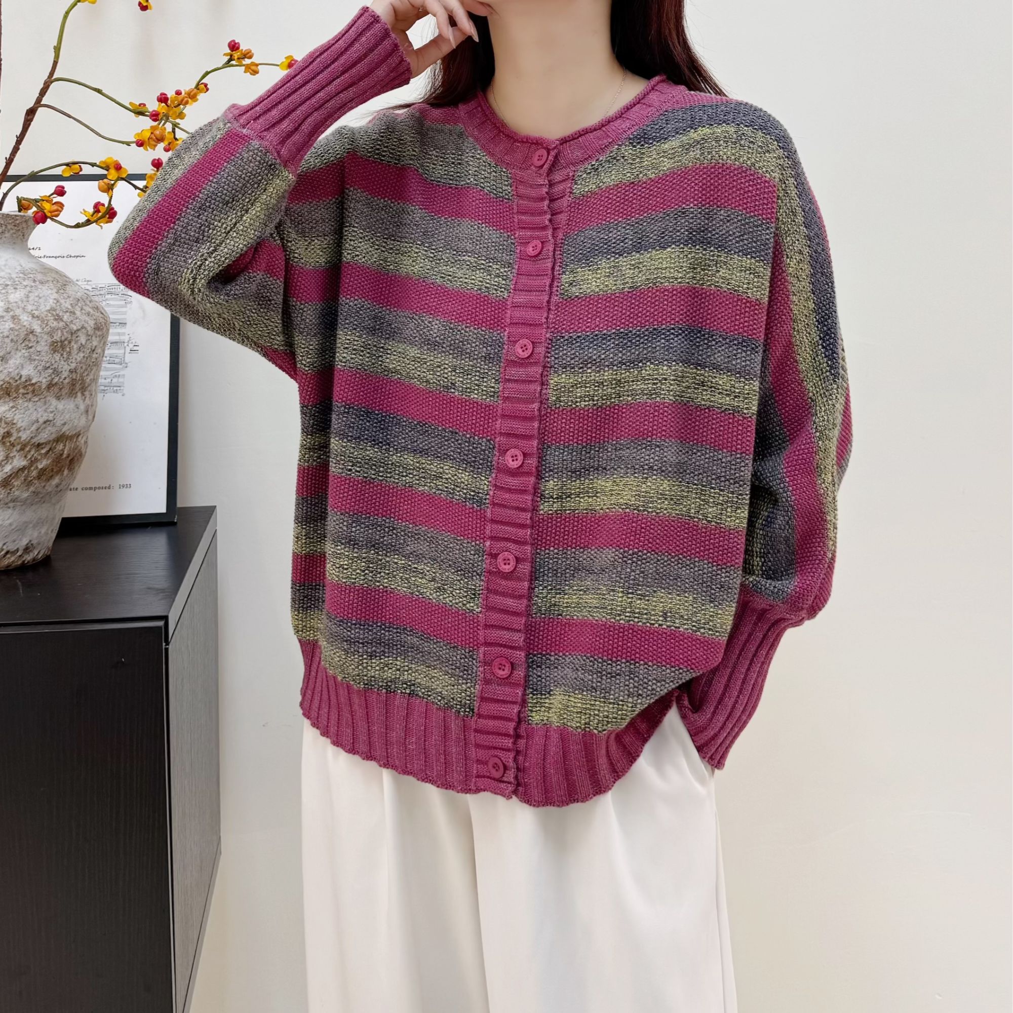 100%纯棉条纹蝙蝠衫撞色针织秋冬女士圆领百搭长袖毛针织衫外套