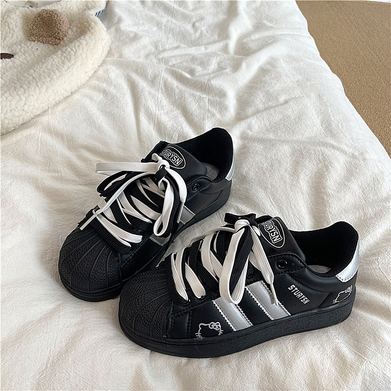 双鞋带黑银贝壳头板鞋女ins2025秋季新款学生小白鞋子百搭休闲鞋