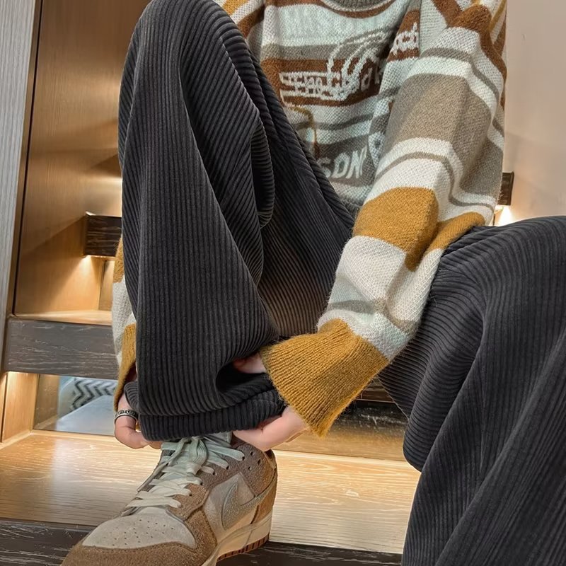 灯芯绒裤子男秋季潮牌垂感直筒宽松阔腿裤美式复古男裤休闲运动裤