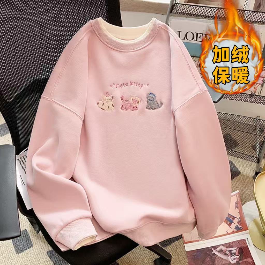 女童加绒卫衣秋冬季2025新款假两件上衣韩版中大童百搭加厚打底衫