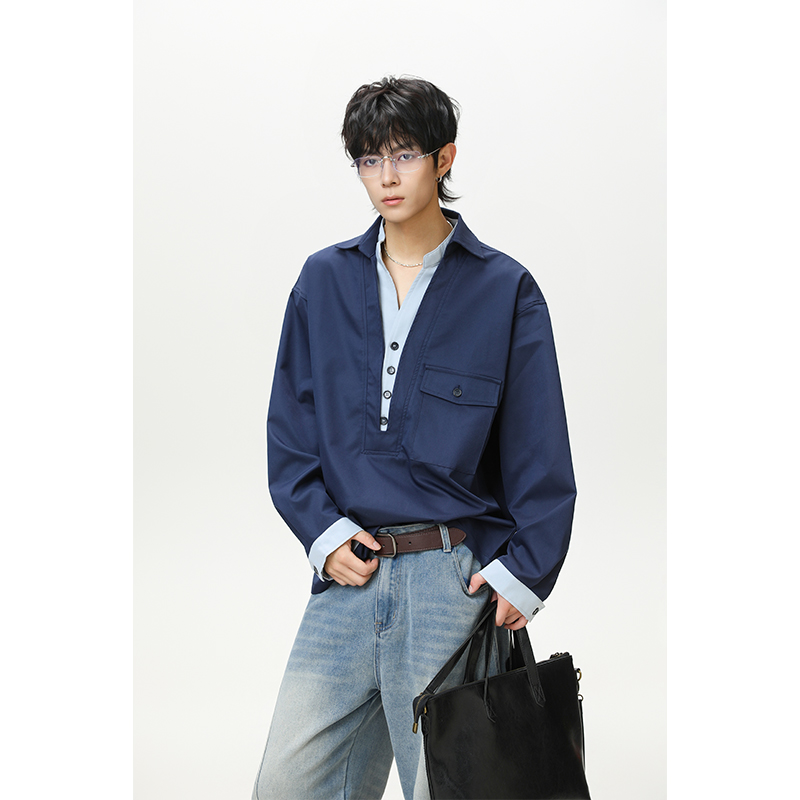 2025夏季新款老钱风痞帅拼接衬衣男士假两件撞色宽松休闲长袖衬衫