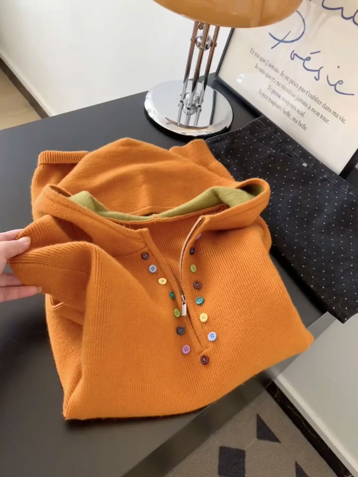 复古韩系连帽加厚针织衫女冬季新款设计感别致宽松显瘦高级感毛衣