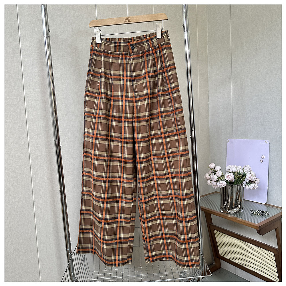 2K020 春季新款宽松后松紧腰女士直筒格纹休闲长裤