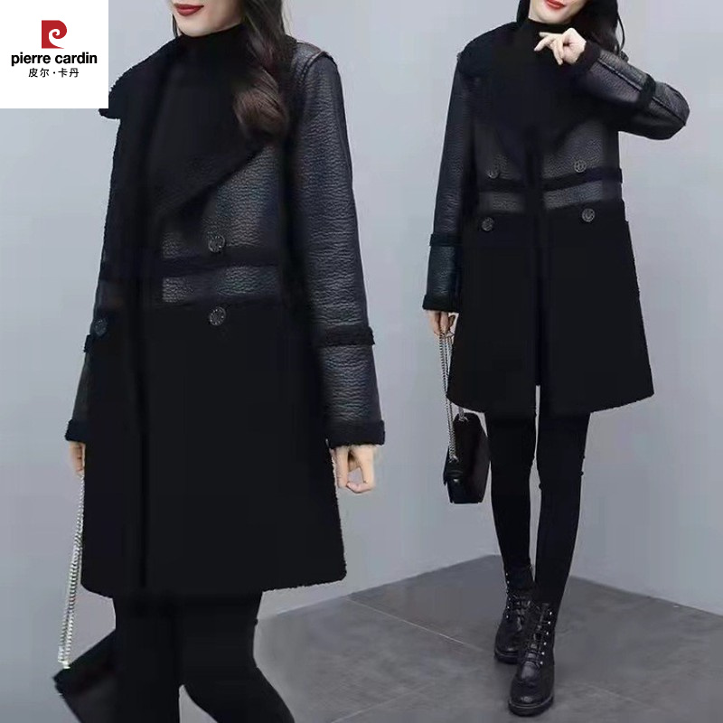 皮尔卡丹冬季中长款中老年加绒加厚西装领两面穿宽松皮衣外套女装