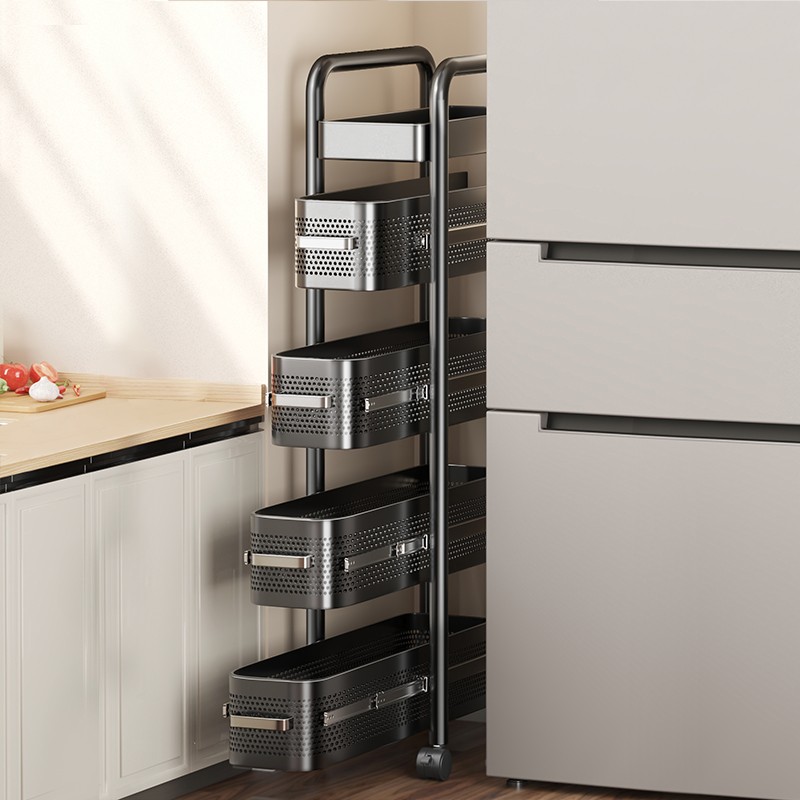 厨房夹缝置物架极窄缝隙收纳柜多层冰箱侧面抽拉柜果蔬小推车架子