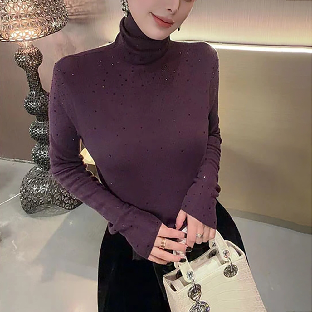 灰色高领针织衫女士2025秋冬季新款修身显瘦烫钻堆堆领打底衫上衣