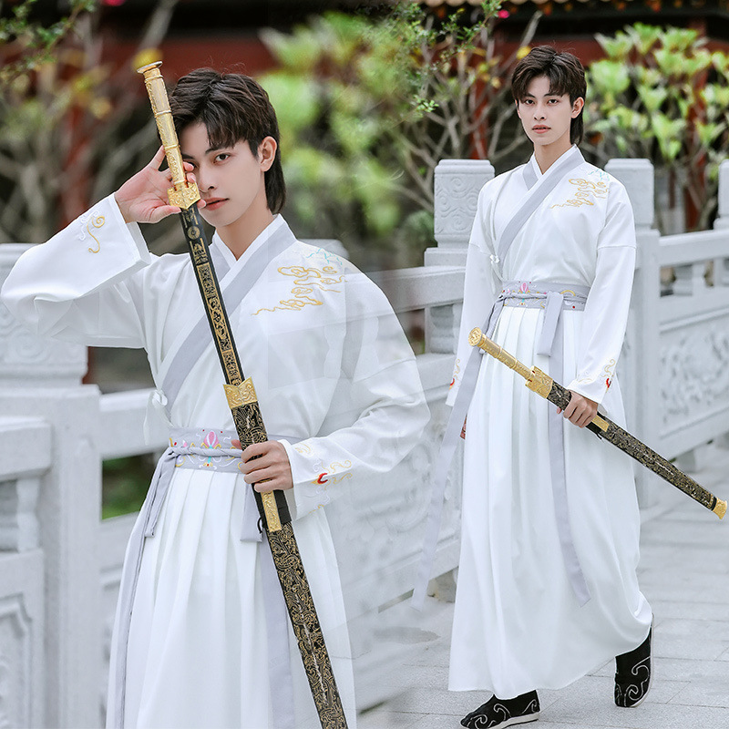 汉服男装武侠风男女款全套情侣古风剑客白色长袖学生古装毕业班服