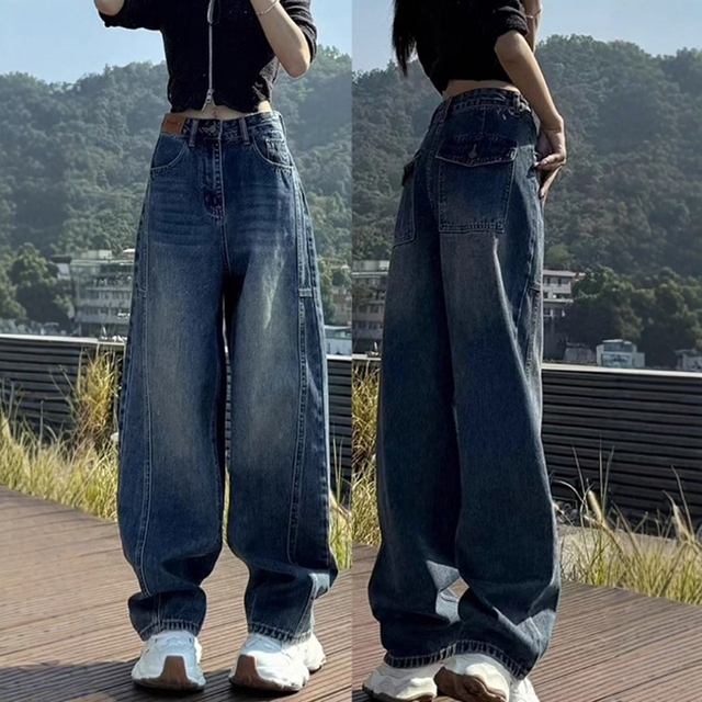 大码欧货镰刀牛仔裤女2025夏季胖MM显瘦高腰直筒宽松阔腿弯刀裤子