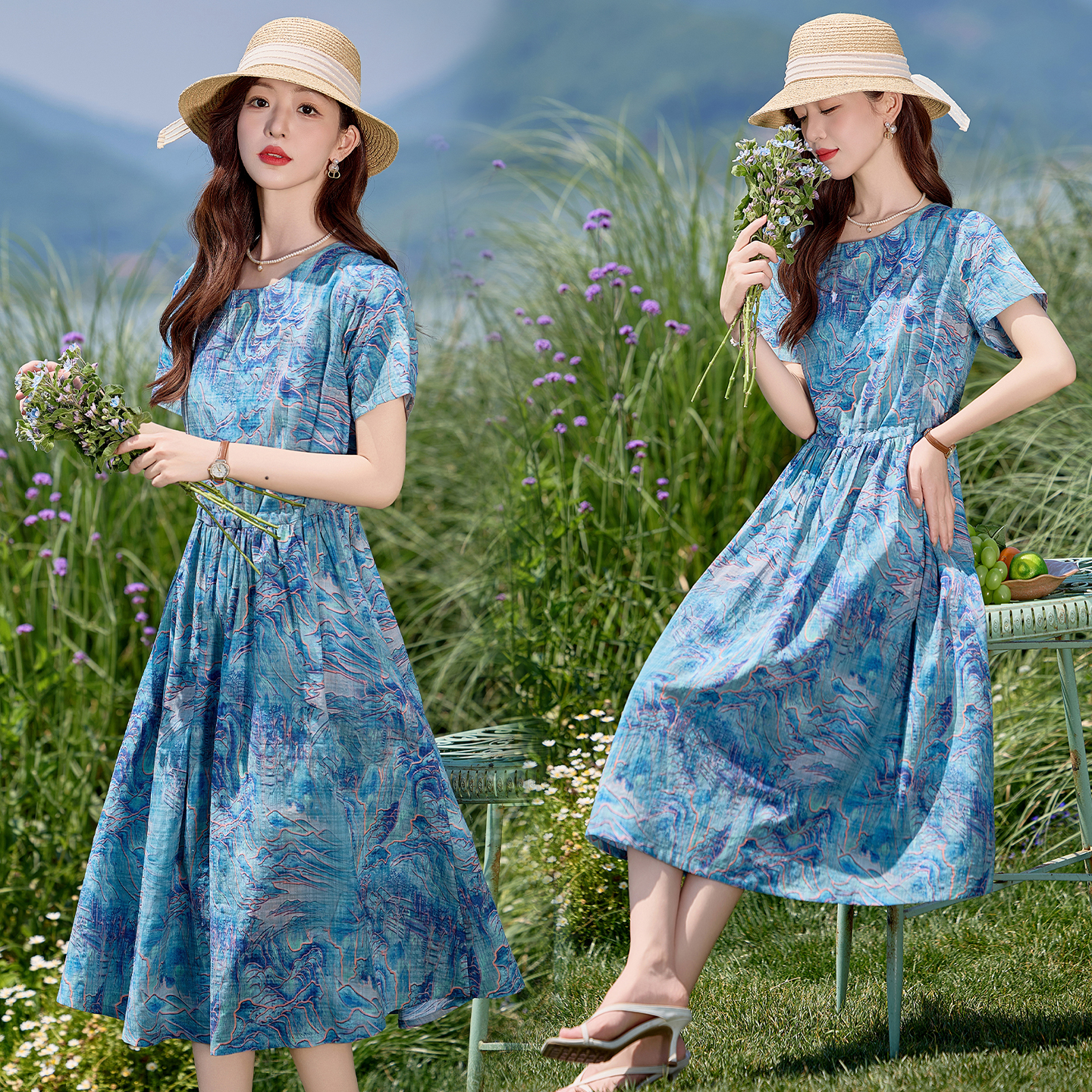 优雅气质2025年夏季中长款圆领减龄圆领连衣裙时尚潮流