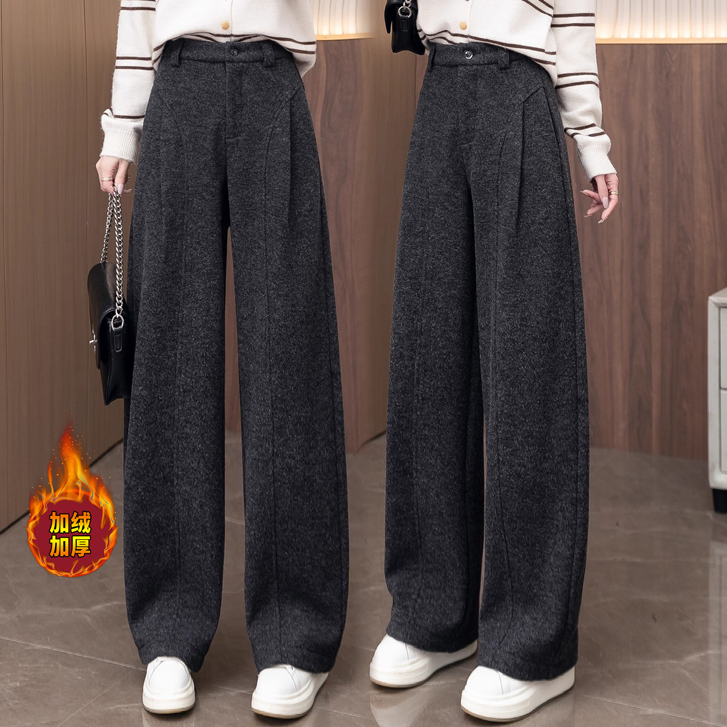 加绒糯米呢阔腿裤女2025秋冬新款美拉德高腰宽松褶皱直筒弯刀裤