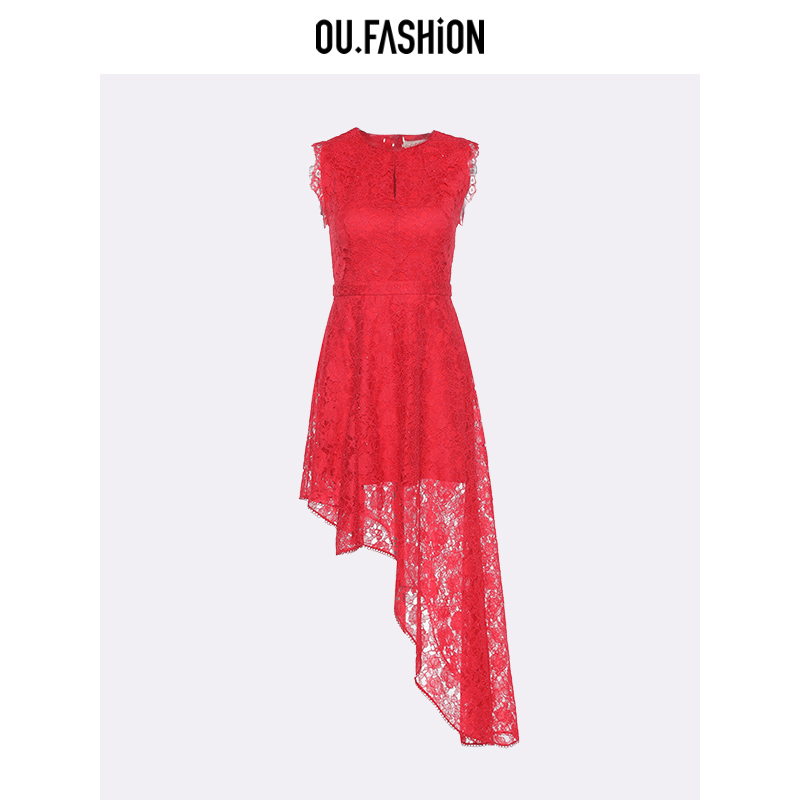 OU.FASHION/欧点蕾丝不规则下摆无袖背心连衣裙女1122410420