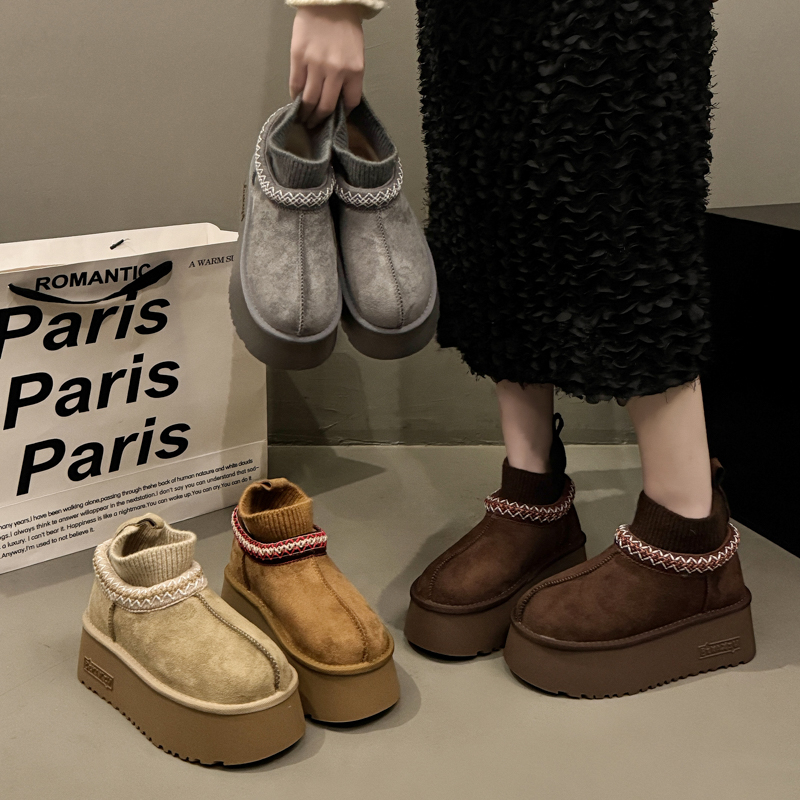 欧货真皮针织民族风厚底松糕大头面包雪地棉靴短靴勃肯鞋7cm女鞋