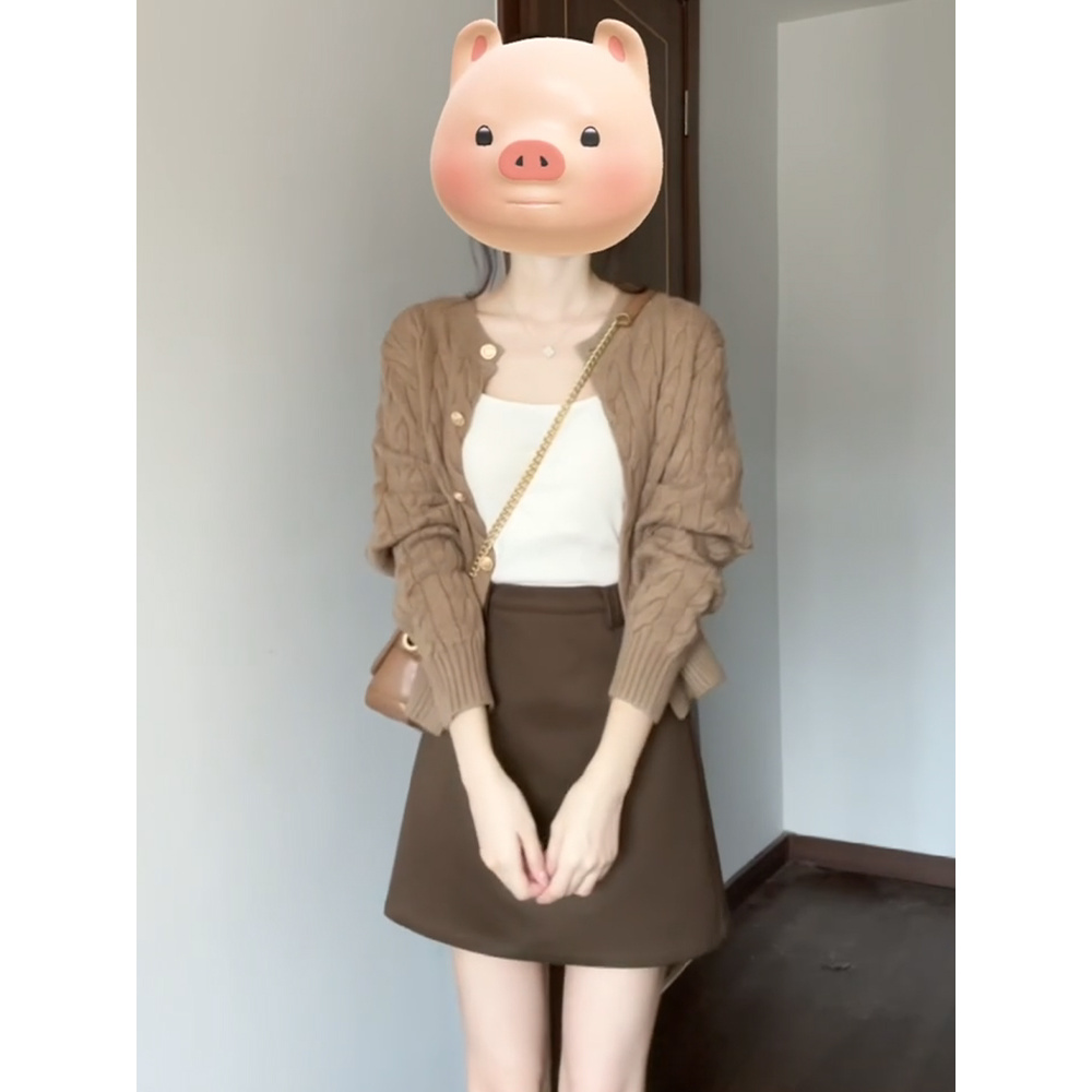 咖色小香风麻花长袖针织开衫外套女秋冬季毛衣内搭打底衫短款上衣