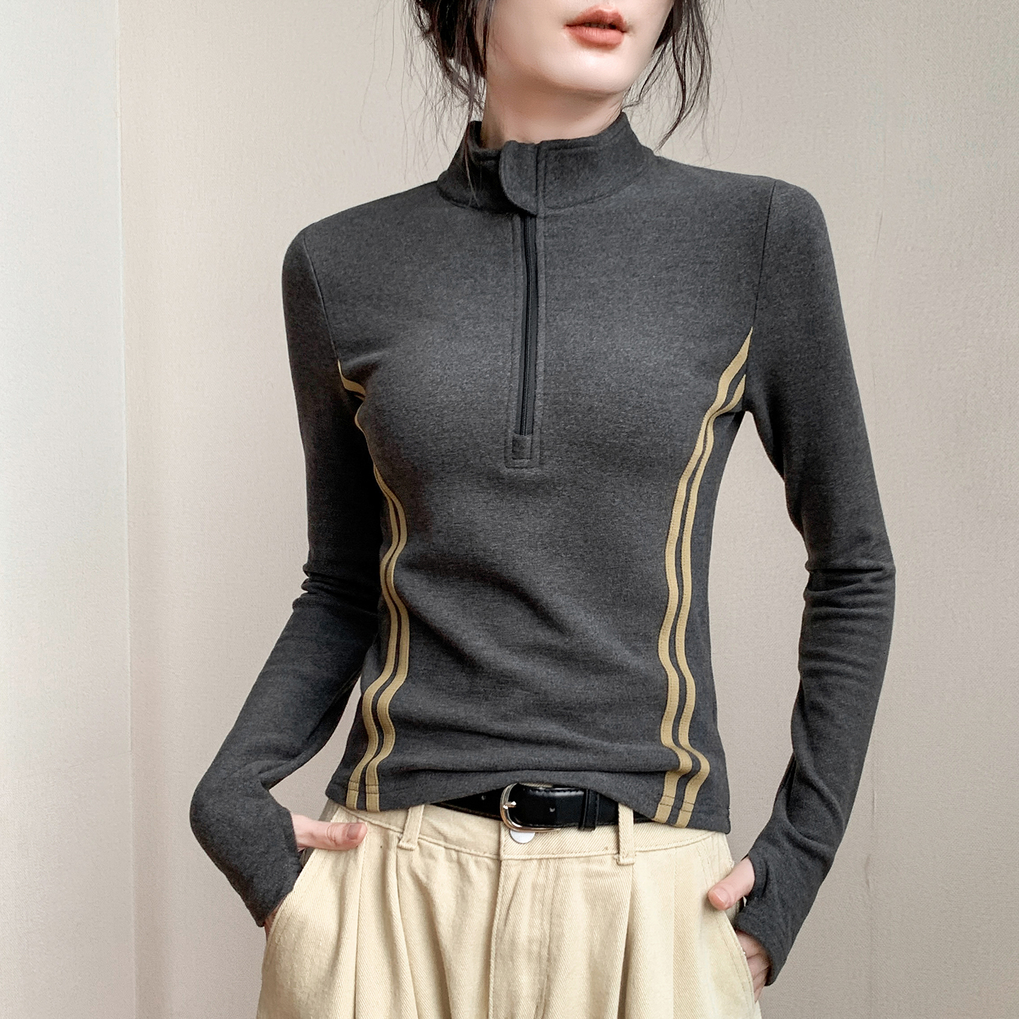 德绒拉链半开领拼色长袖T恤女秋季美式复古风修身正肩设计感上衣