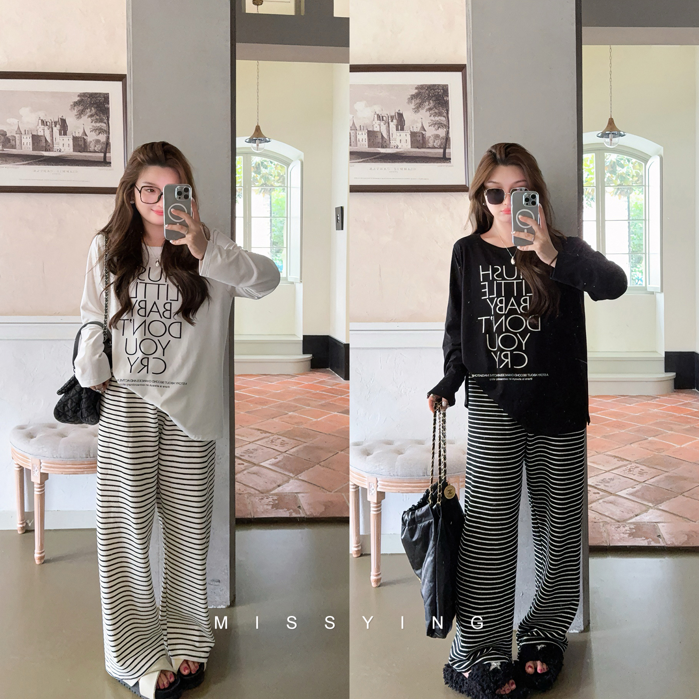 应小姐【慵懒条纹裤】微胖大码显瘦设计感直筒百搭宽松直筒条纹长裤