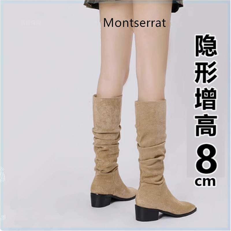 爆款内增高堆堆靴长筒骑士靴子新款秋季法式中筒瘦瘦西部牛仔长靴