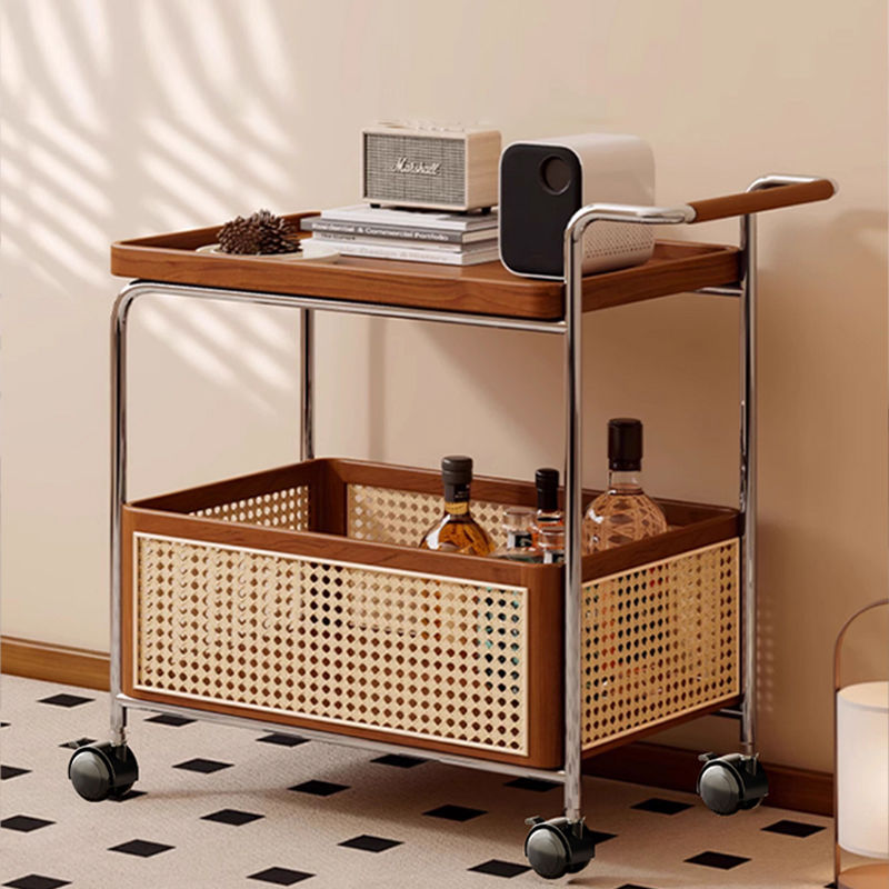 实木可移动边几收纳中古小推车客厅沙发储物置物架藤编简约餐车