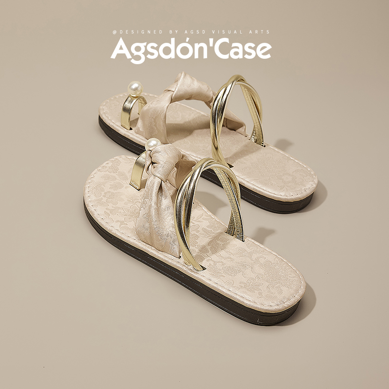 奥古狮登新中式拖鞋女2025新款夏季外穿法式凉拖国风珍珠夹趾凉鞋