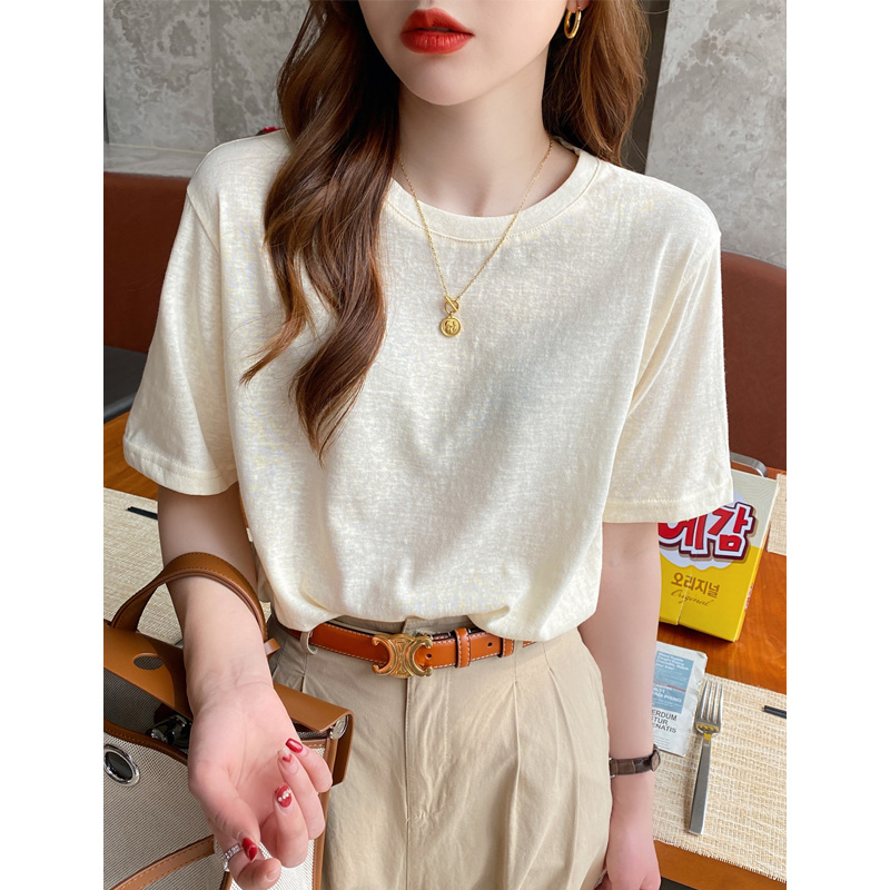 欧货透气雪花棉短袖T恤女薄款上衣夏圆领宽松透气打底衫复古体恤