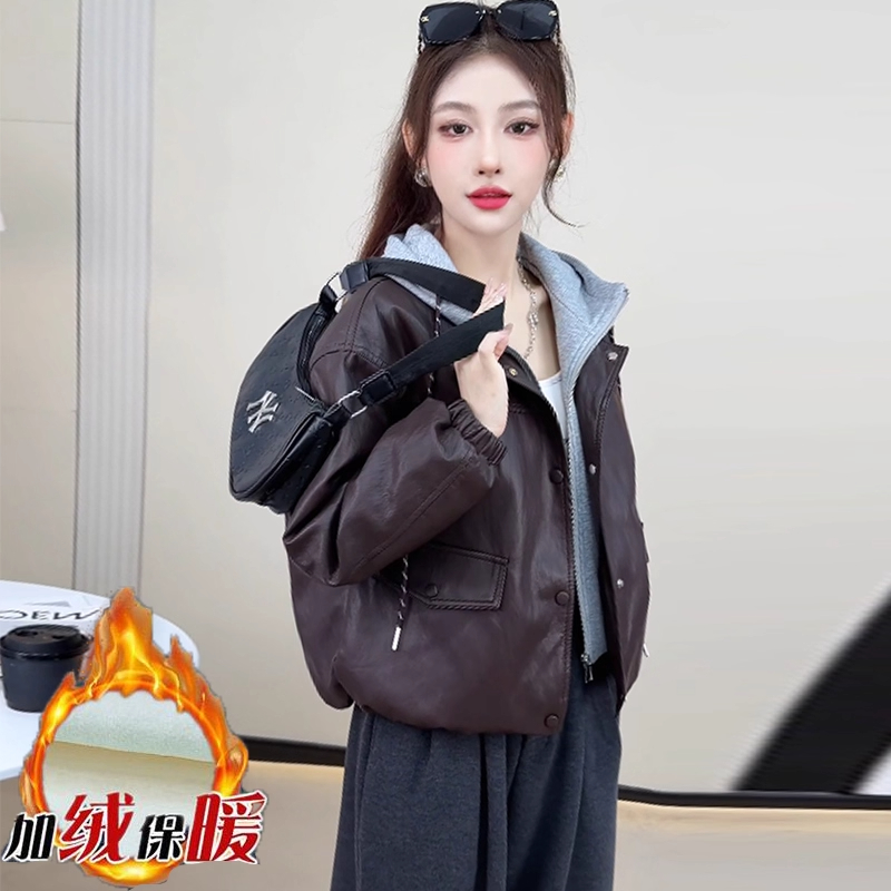 拉夏贝尔加绒加厚皮衣外套女2025秋冬新款假两件连帽PU皮夹克上衣