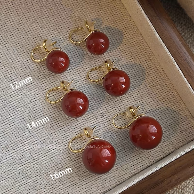 合金树脂耳饰 复古港风酒红色豆豆耳环女气质高级感耳钩轻奢耳饰