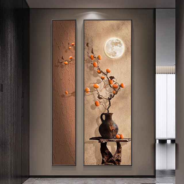 柿柿如意入户正对门客厅玄关背景墙装饰画新中式壁画走廊过道挂画