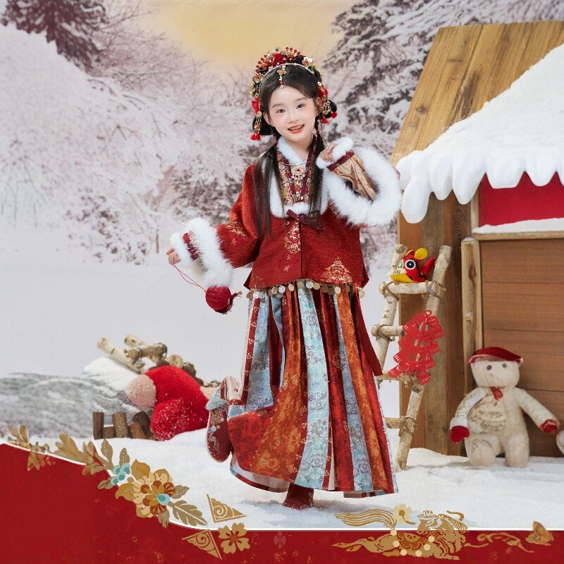 女童汉服冬季冬款新年服套装加厚儿童女宝中国古风新年拜年服唐装