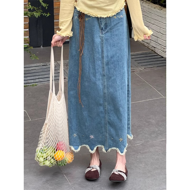 春夏新款复古刺绣牛仔半身裙半裙女绣花设计高腰中长款半身裙