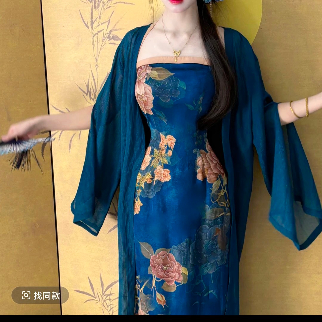 【月笼纱】弹力印花蓝色挂脖抹胸吊带裙长裙新中式改良汉风气质性感